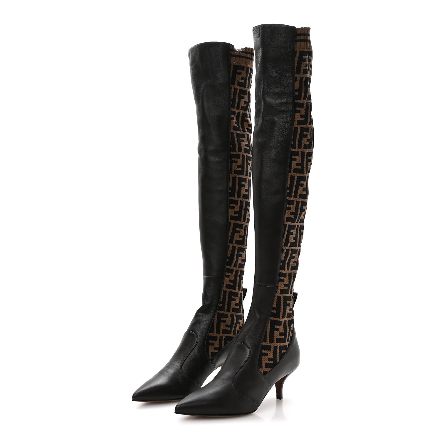 Fendi Nappa Microfiber Fabric FF Rockoko Thigh High Boots 37 Ebano Tobacco Black