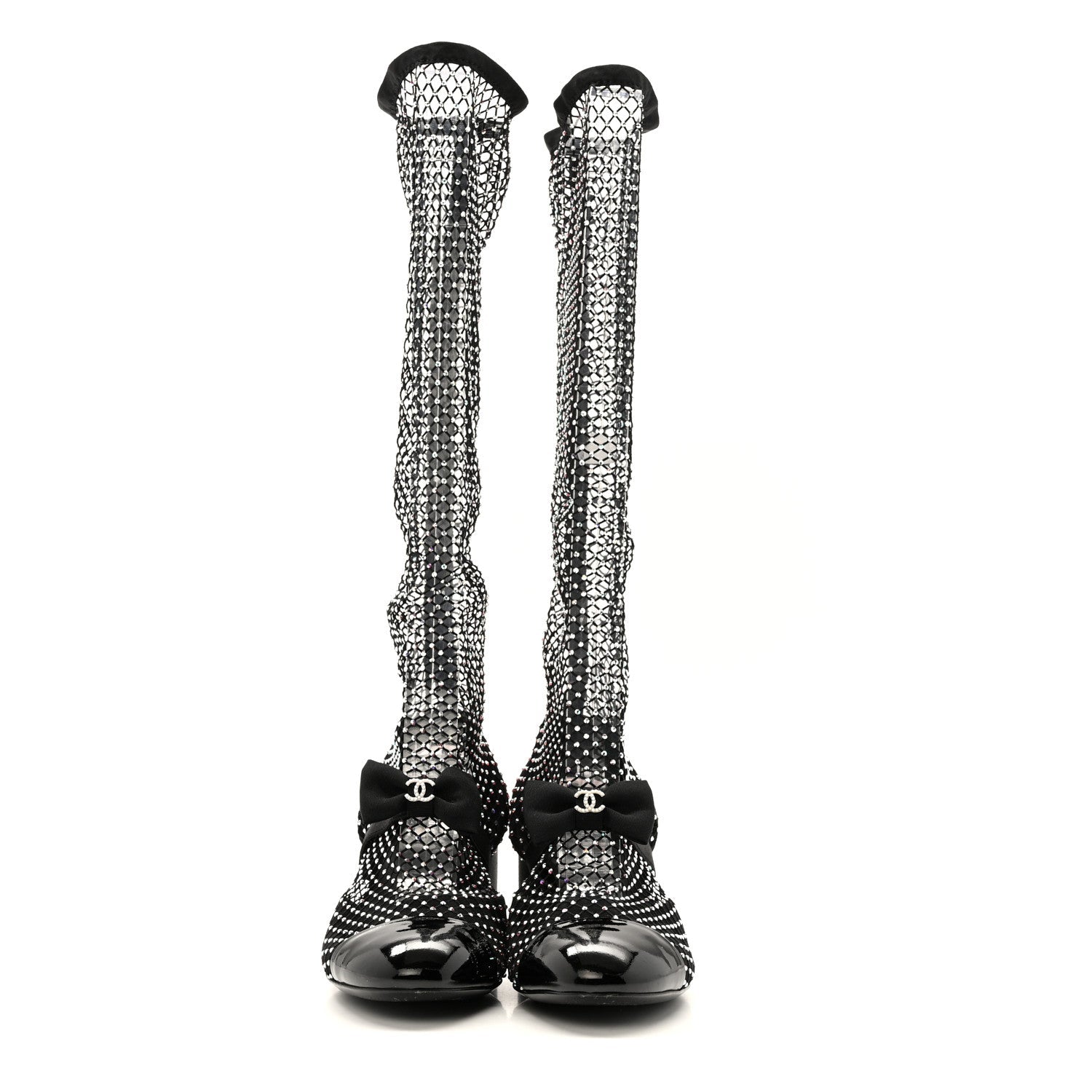 Chanel Mesh Crystal Patent CC Bow High Boots 38.5 Black
