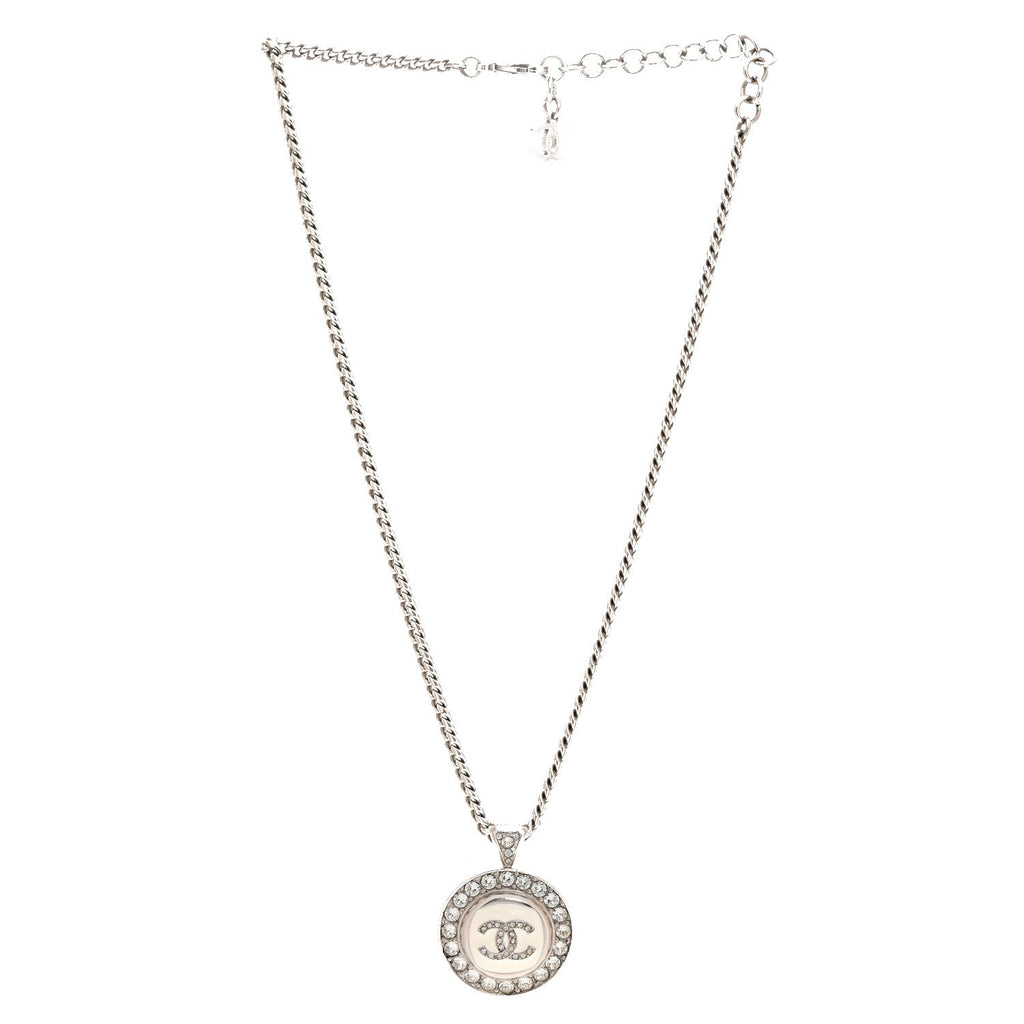Chanel Crystal Enamel CC Pendant Necklace Silver White