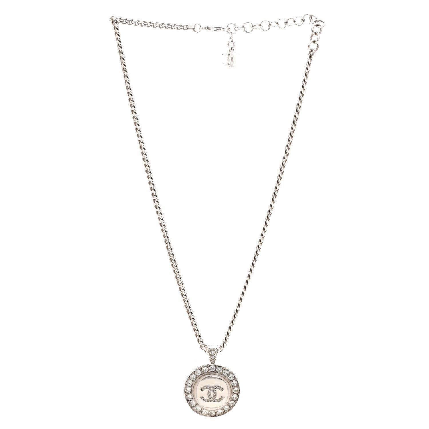 Chanel Crystal Enamel CC Pendant Necklace Silver White