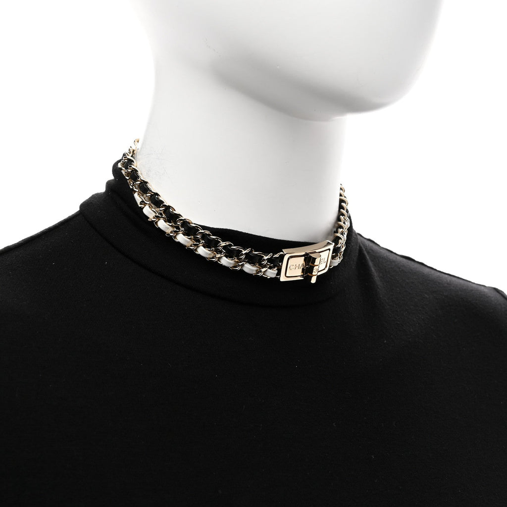 Chanel Metal Lambskin Reissue Lock Choker Necklace Black White Gold