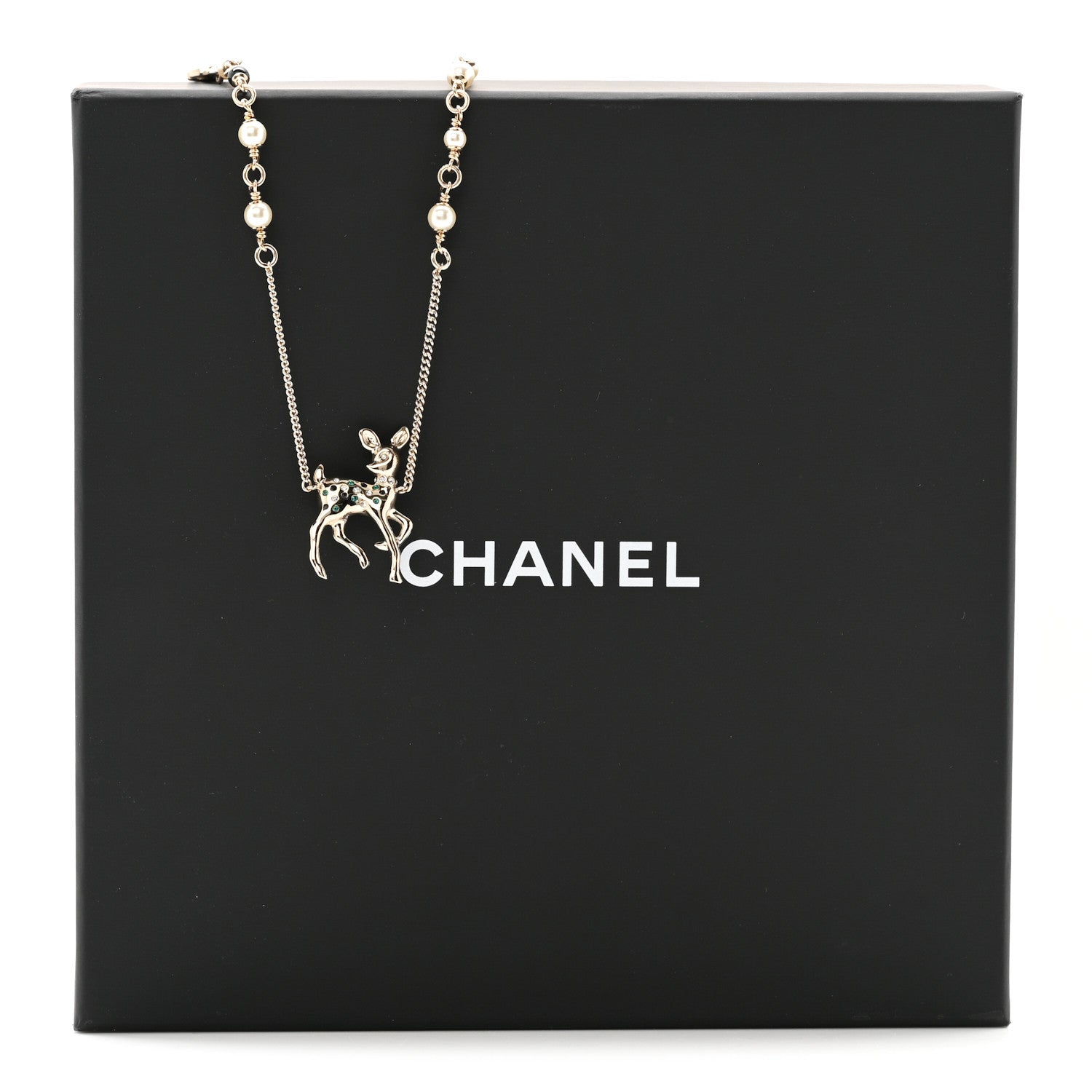 Chanel Pearl Crystal CC Deer Long Necklace Gold Green