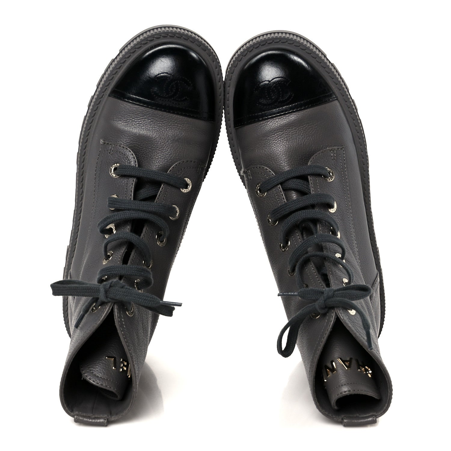 Chanel Grained Calfskin Shiny Calfskin CC Lace Up Combat Boots 41 Gray Black
