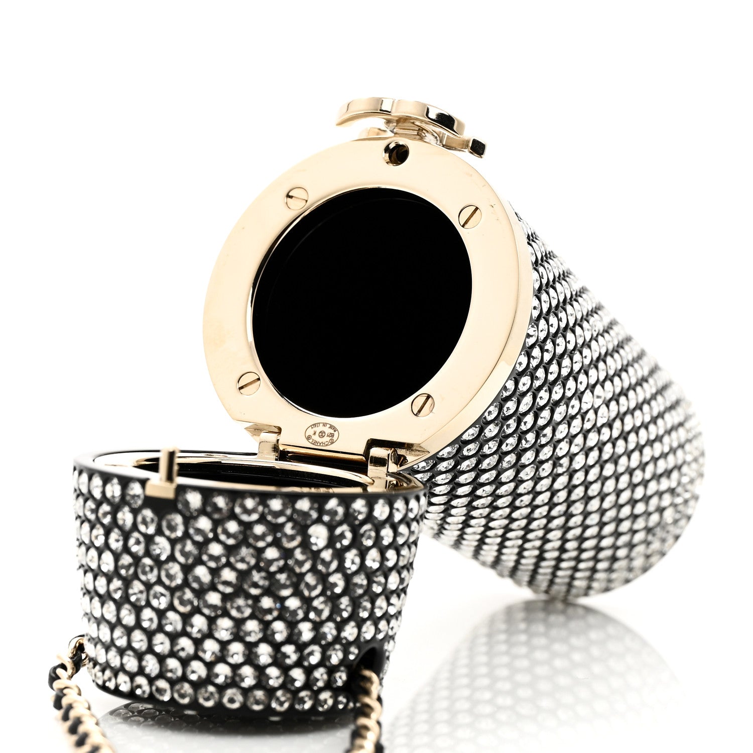 Chanel Metal Resin Lambskin Crystal Lipstick Case Long Necklace On Chain Silver Black Gold