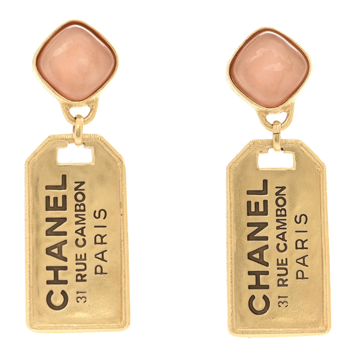 Chanel CC Tags Drop Earrings Gold Pink