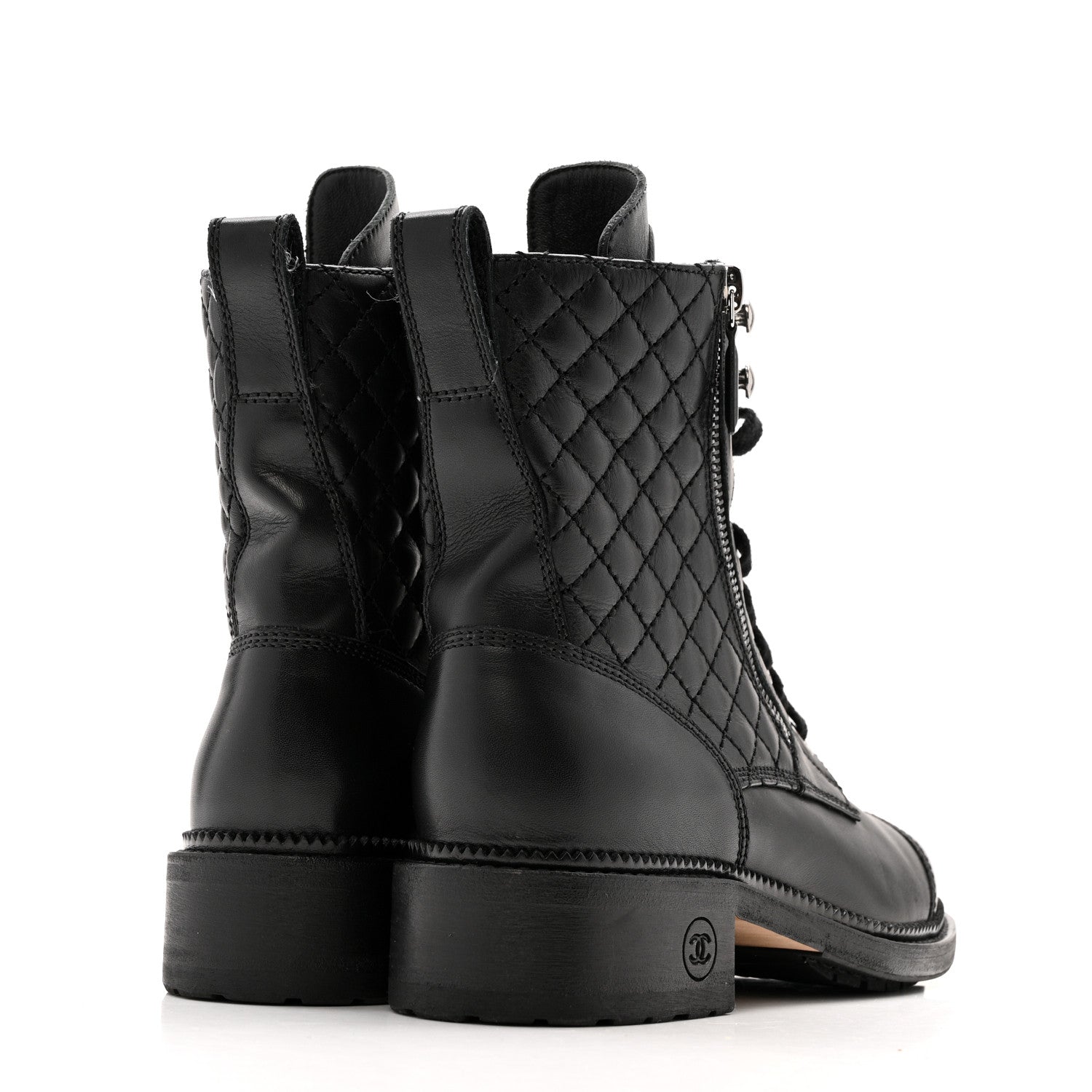 Chanel Calfskin Quilted Lace Up Combat Boots 36.5 Black