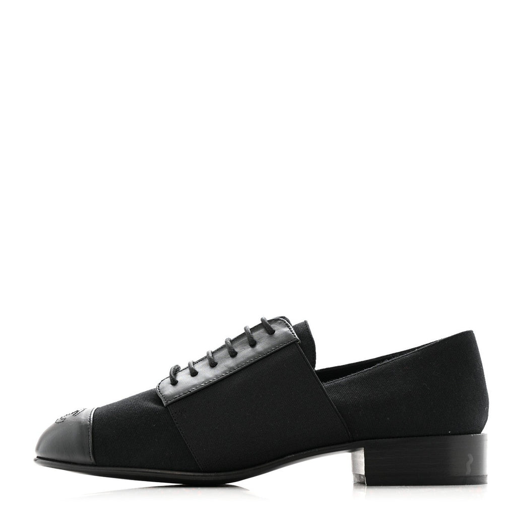 Chanel Calfskin Elastic Lace Up Cap Toe CC Loafers 37 Black