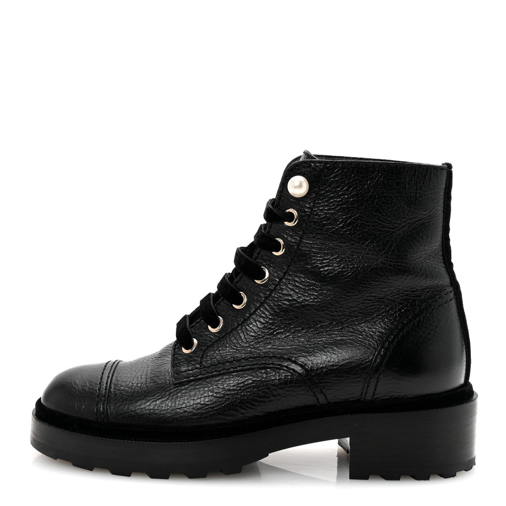Chanel Shiny Calfskin Velvet Pearl Combat Short Boots 37 Black