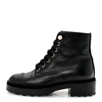 Chanel Shiny Calfskin Velvet Pearl Combat Short Boots 37 Black