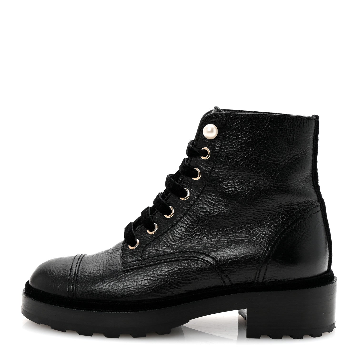 Chanel Shiny Calfskin Velvet Pearl Combat Short Boots 37 Black