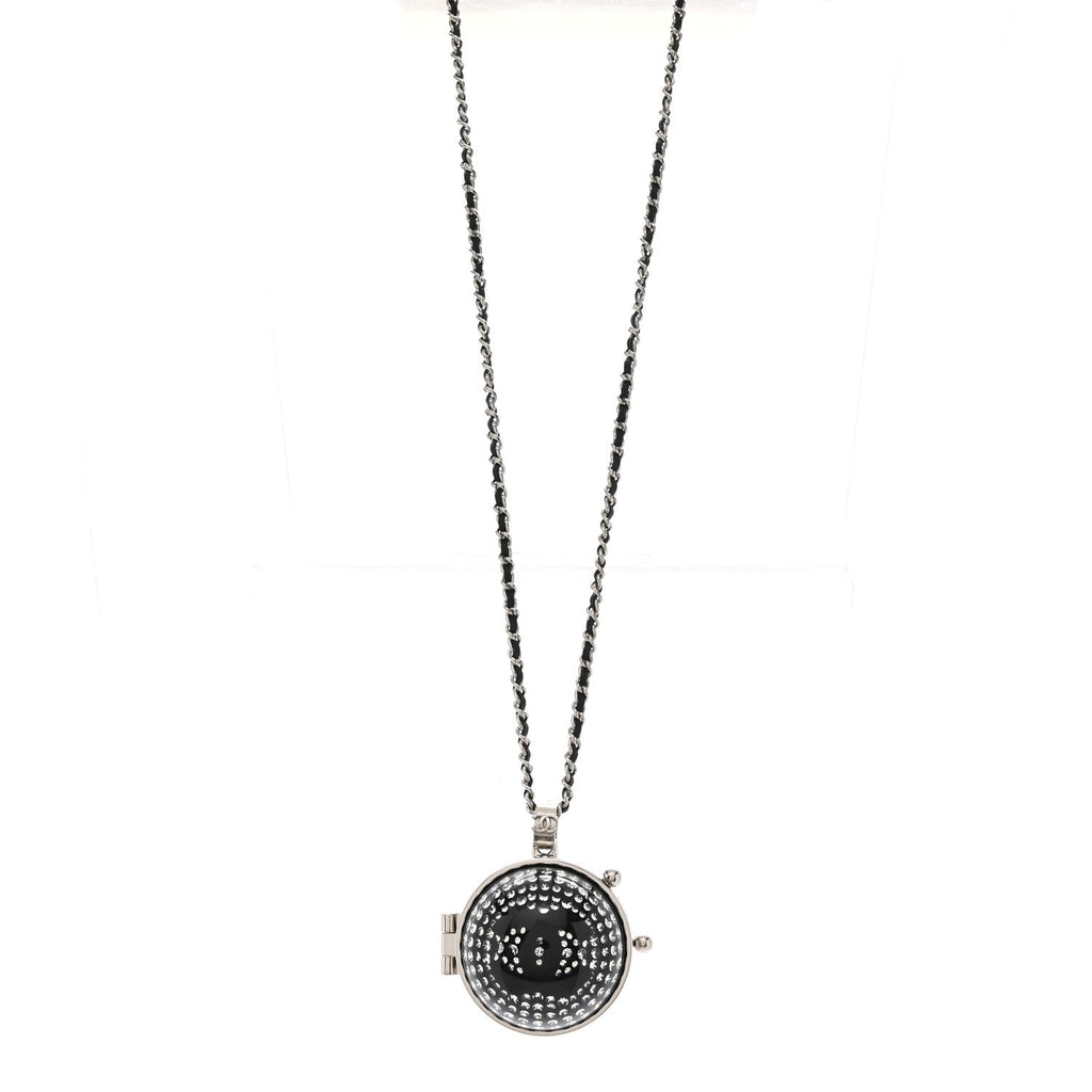 Chanel Resin Crystal Lambskin Ball Mirror Necklace Black Silver