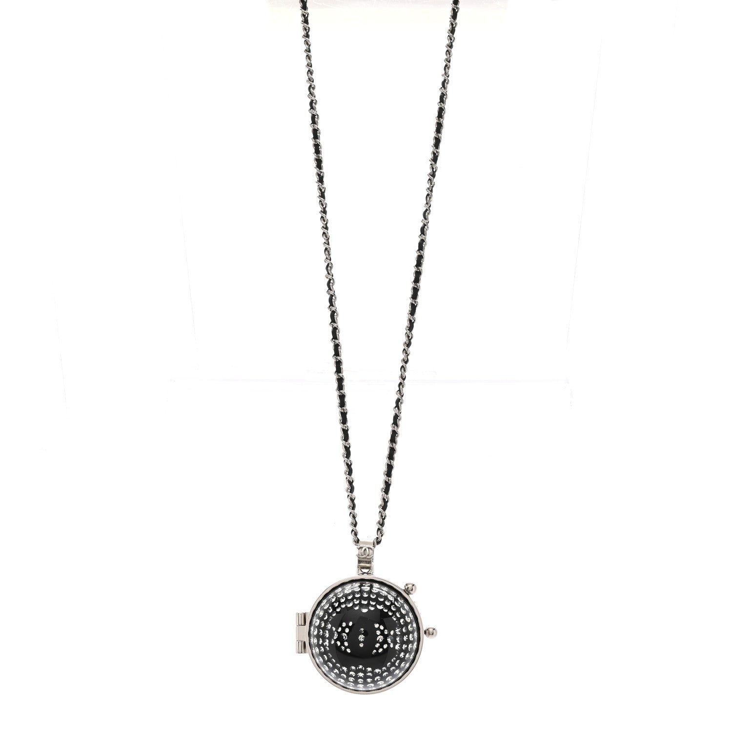 Chanel Resin Crystal Lambskin Ball Mirror Necklace Black Silver