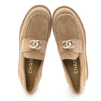 Chanel Suede Calfskin Pearl CC Moccasin Loafers 36.5 Dark Beige