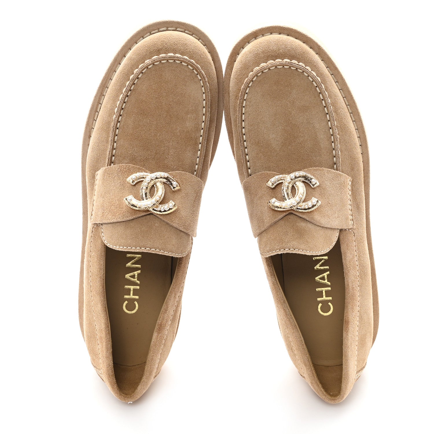 Chanel Suede Calfskin Pearl CC Moccasin Loafers 36.5 Dark Beige