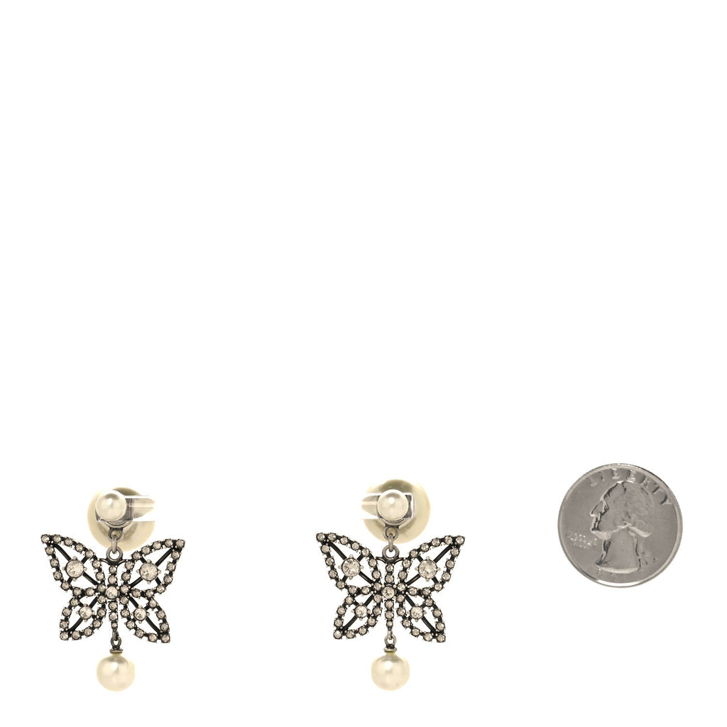 Christian Dior Crystal Pearl Butterfly Drop Earrings Silver