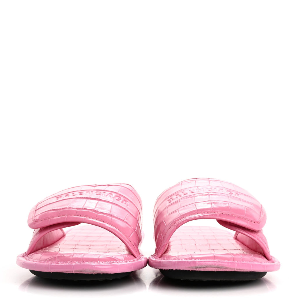 Balenciaga Calfskin Logo Crocodile Embossed Slides 40 Fuxia