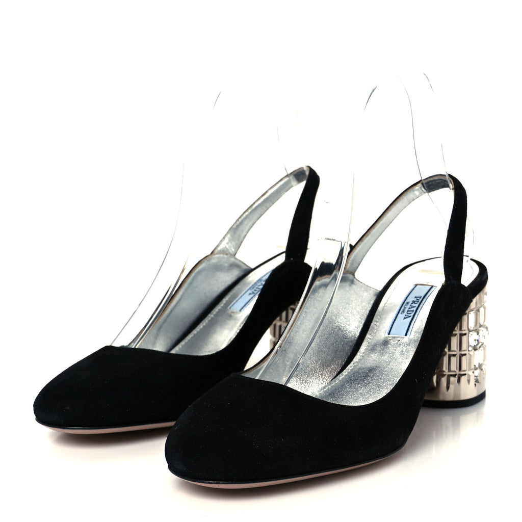 Prada Suede Crystal Block Heel Slingback Pump 37 Black