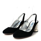 Prada Suede Crystal Block Heel Slingback Pump 37 Black