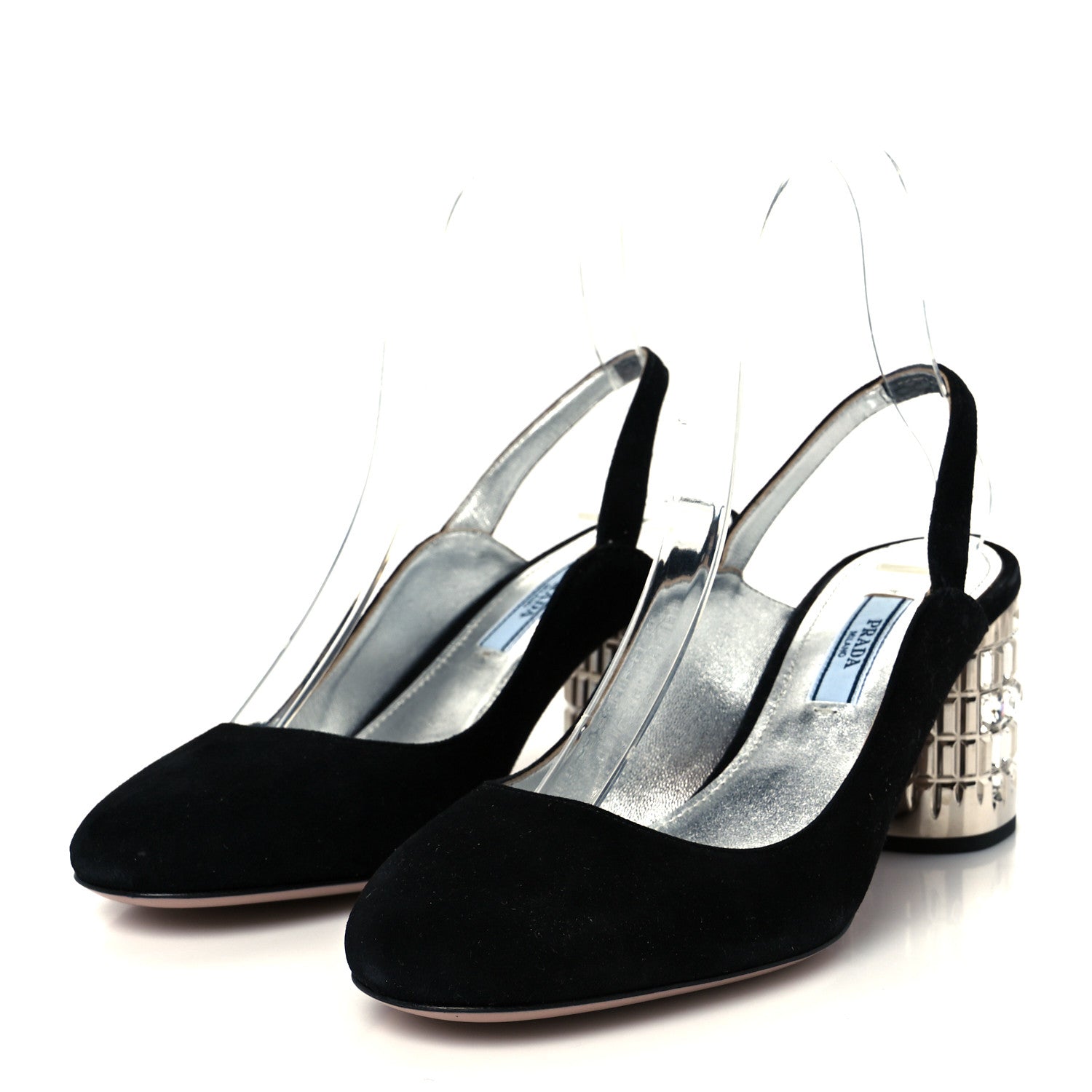 Prada Suede Crystal Block Heel Slingback Pump 37 Black