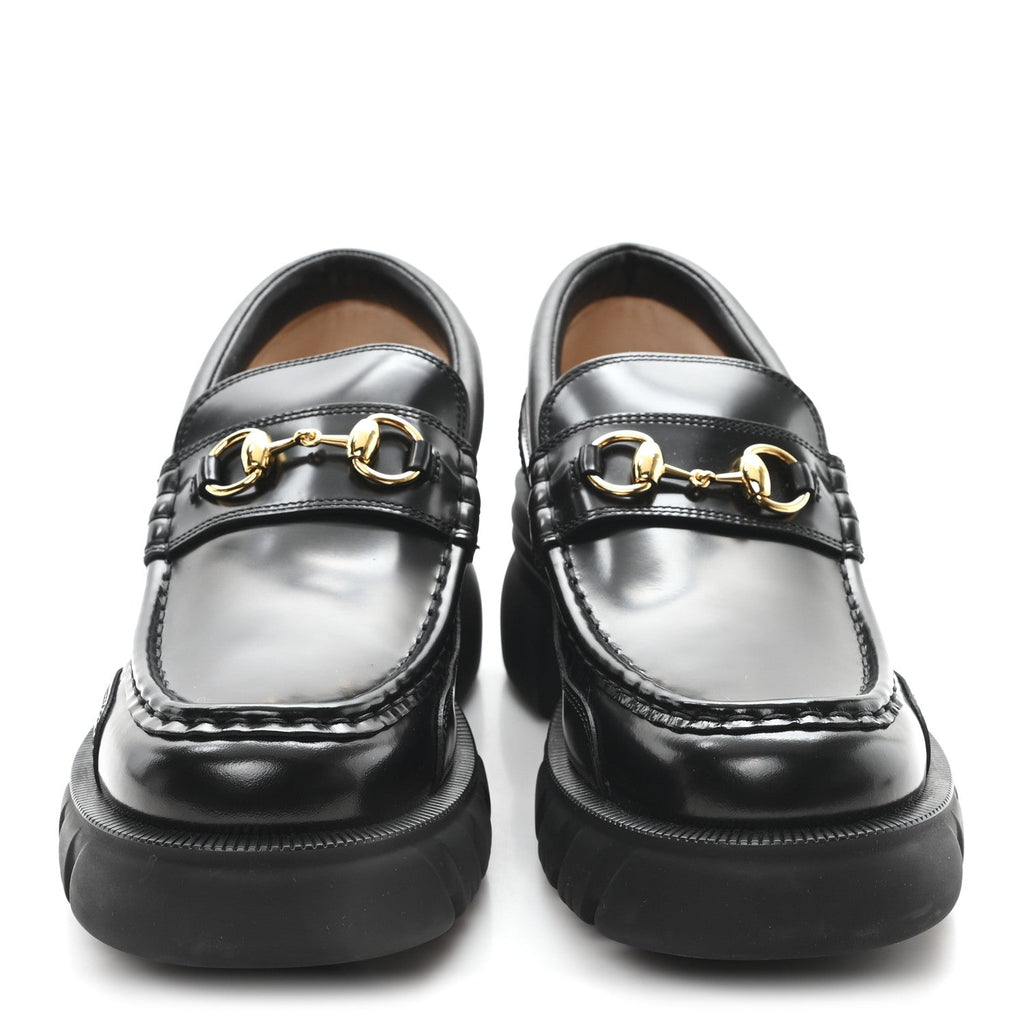 Gucci Magnum Calfskin Nappa Samoa Womens Horsebit Platform Chunky Lug Sole 40mm Loafers 41 Black