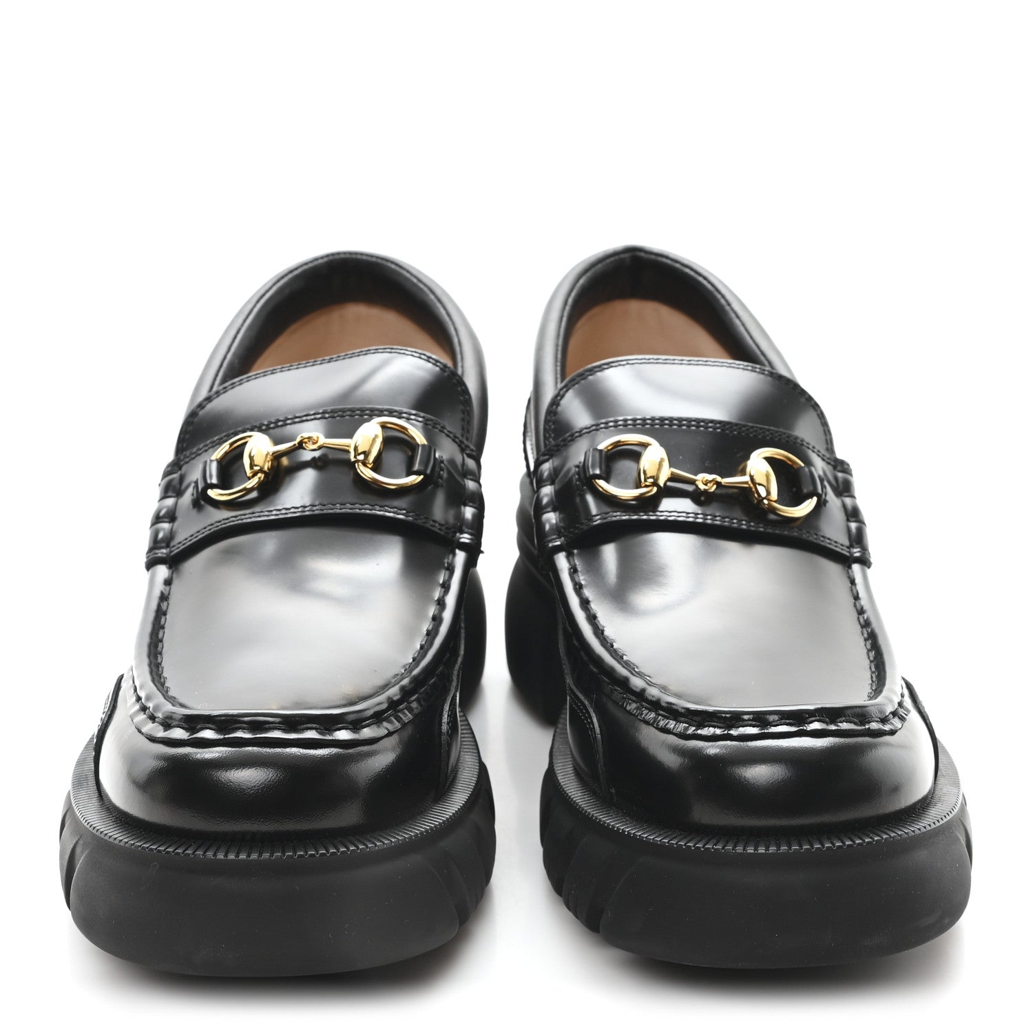Gucci Magnum Calfskin Nappa Samoa Womens Horsebit Platform Chunky Lug Sole 40mm Loafers 41 Black
