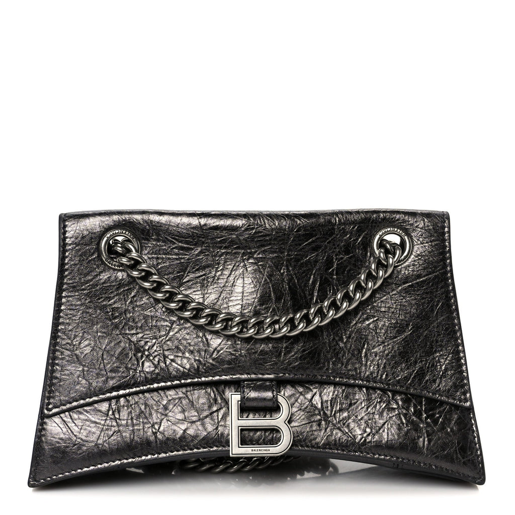 Balenciaga Metallic Crushed Calfskin Quilted Small Crush Chain Bag Steel Grey
