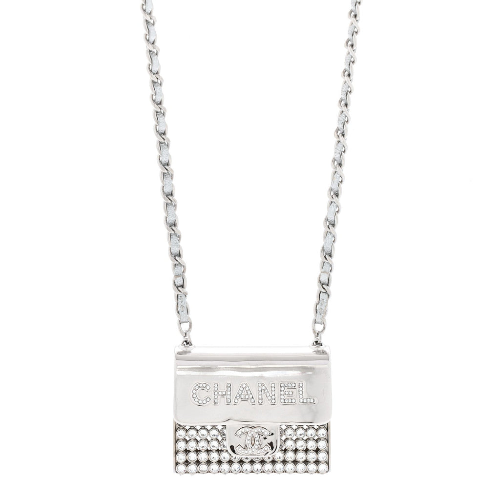 Chanel Metal Lambskin Strass Crystal Purse CC Long Necklace Silver