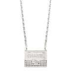 Chanel Metal Lambskin Strass Crystal Purse CC Long Necklace Silver