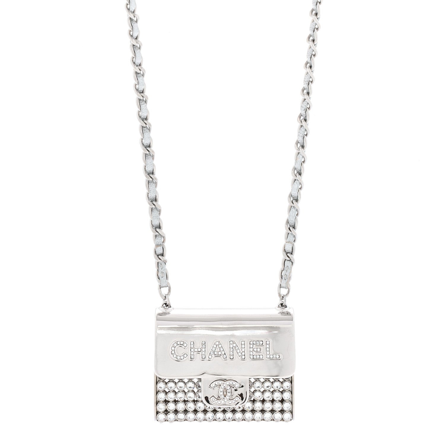 Chanel Metal Lambskin Strass Crystal Purse CC Long Necklace Silver