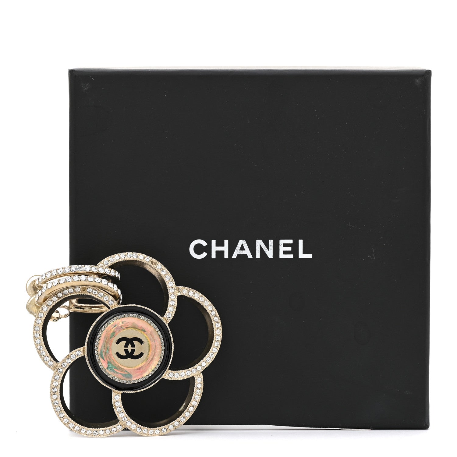 Chanel Resin Crystal CC Camellia Drop Single Clip On Earring Gold Black