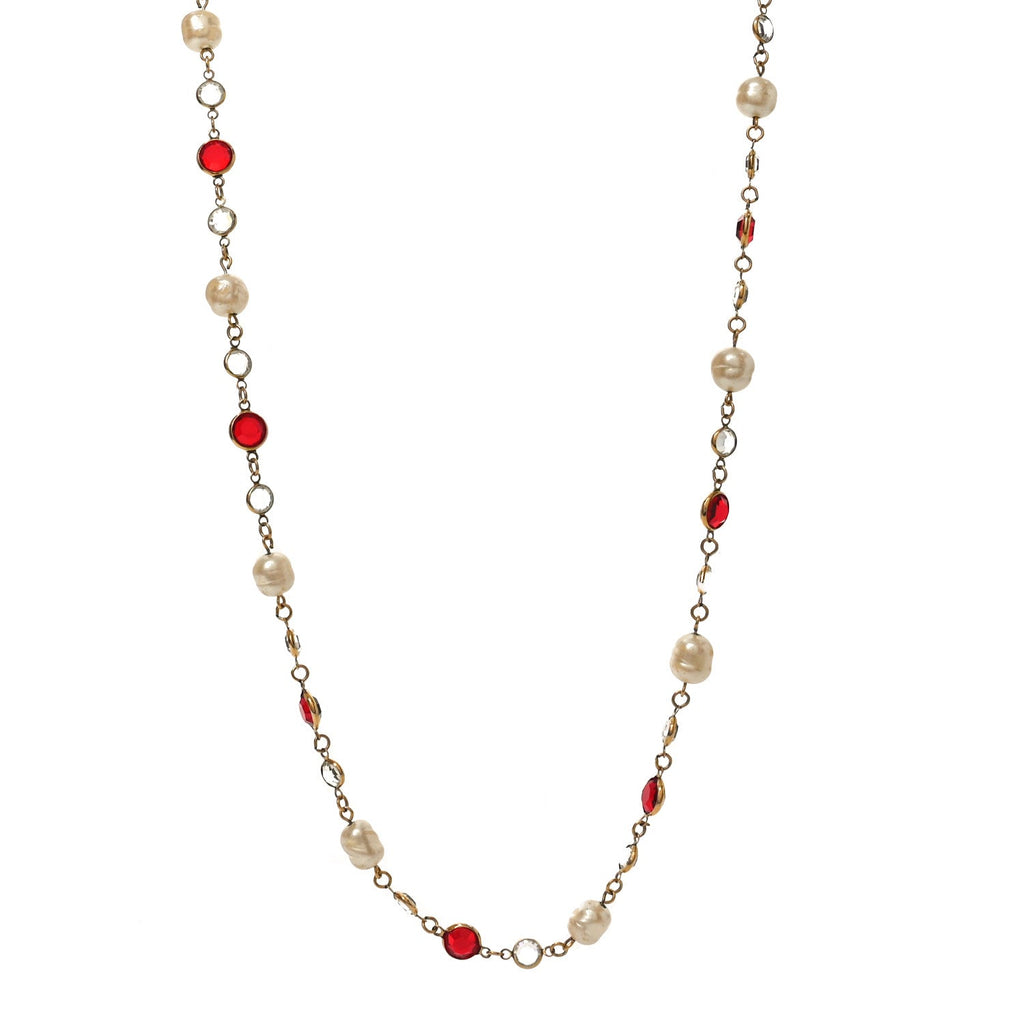 Chanel Crystal Pearl Chicklet Sautoir Necklace Red Gold