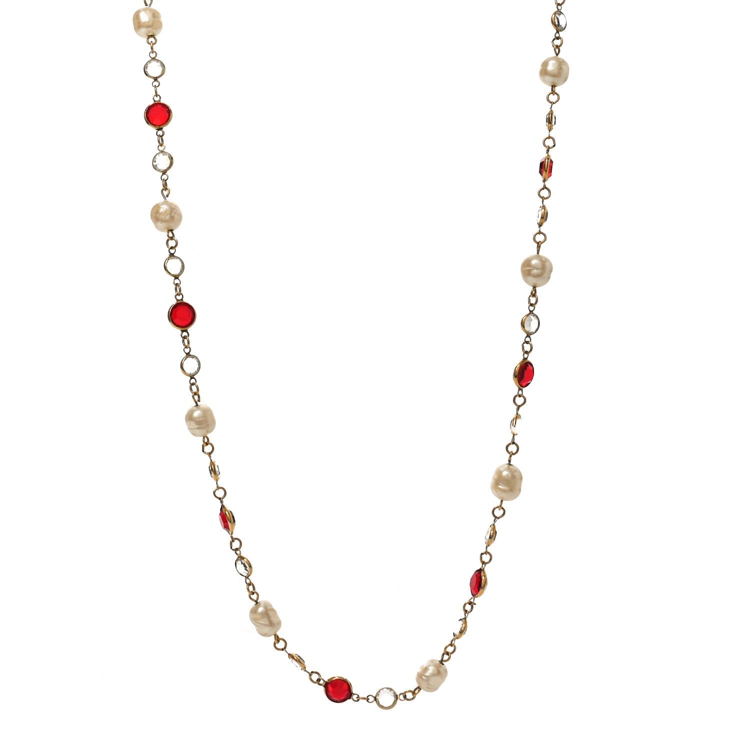 Chanel Crystal Pearl Chicklet Sautoir Necklace Red Gold