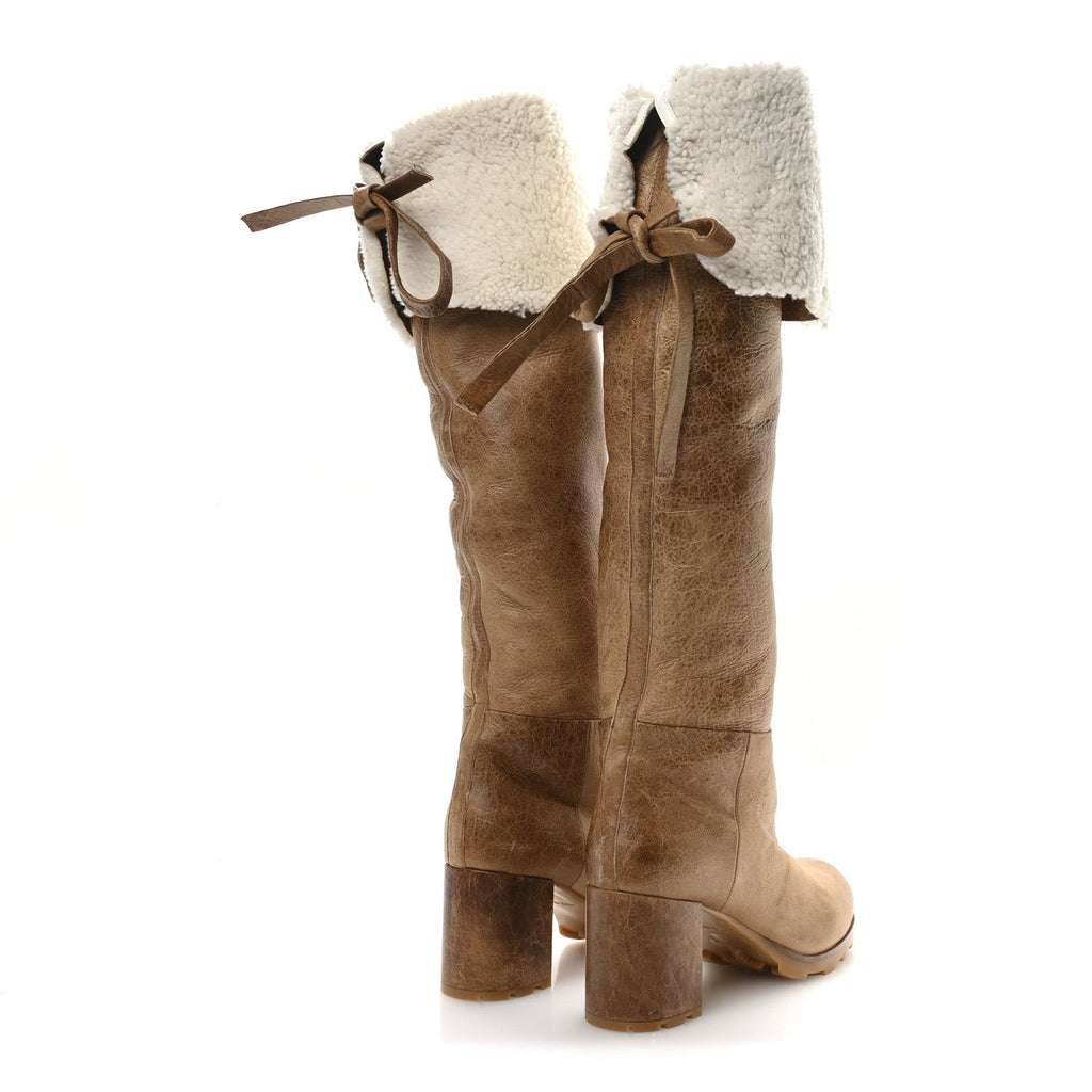 Miu Miu Shearling Calfskin Knee High Heel Boot 38.5 Brown