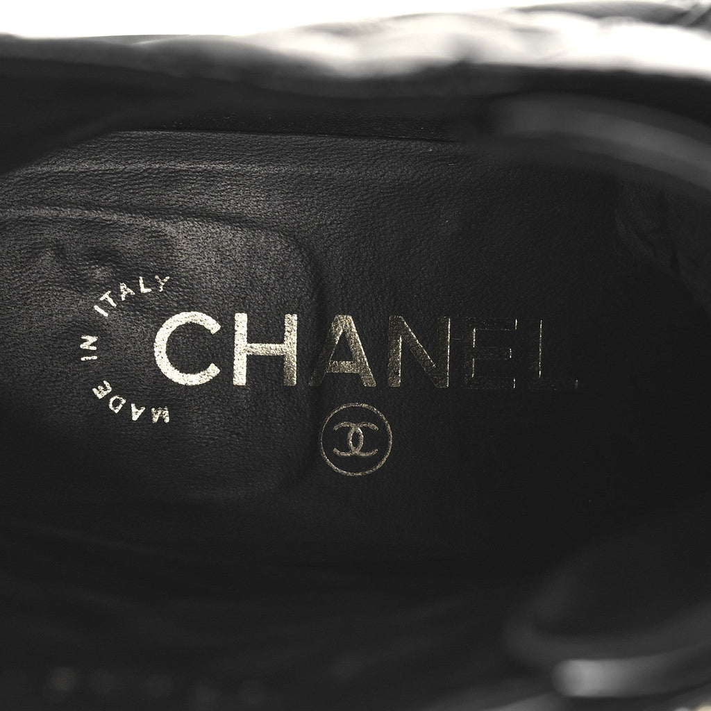 Chanel Shiny Calfskin Quilted Lace Up Combat Boots 39 Black