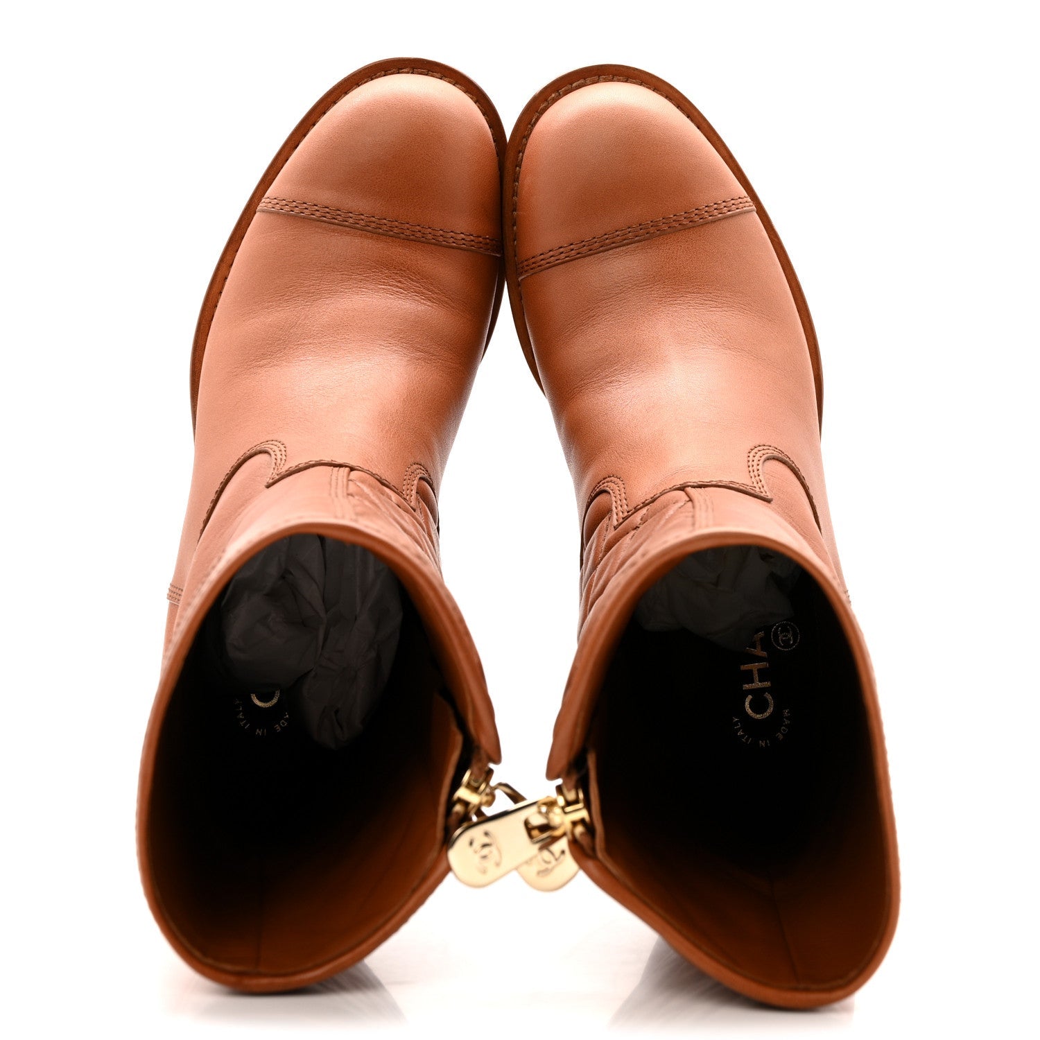 Chanel Calfskin CC Logo Mid Calf Boots 39 Brown