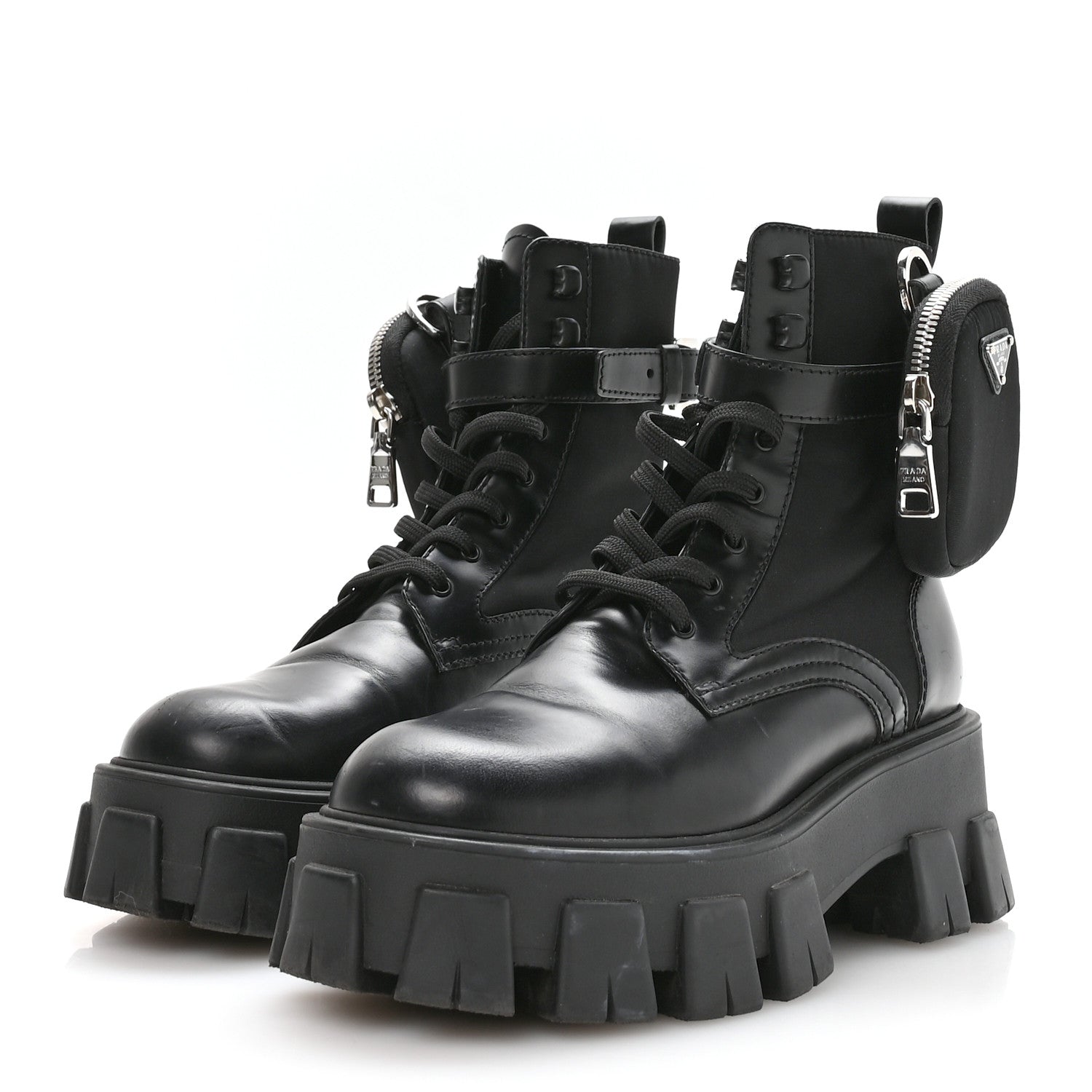 Prada Spazzolato Rois Nylon Metal Triangle Logo Monolith Pouch Pocket 55mm Boots 37 Black