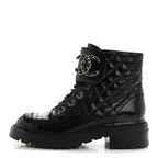 Chanel Shiny Lambskin Quilted Lace Up Combat Boots 37 Black