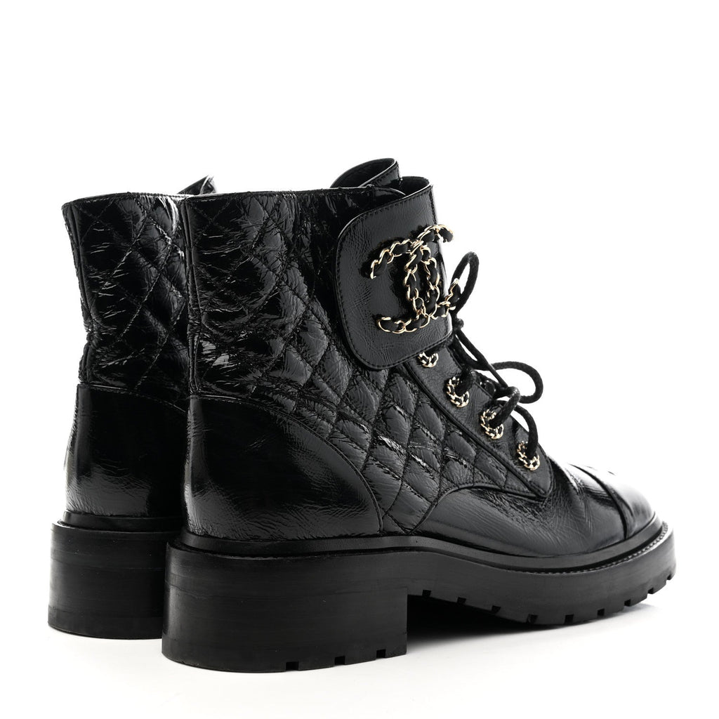 Chanel Shiny Lambskin Quilted Lace Up Combat Boots 38.5 Black