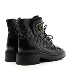 Chanel Shiny Lambskin Quilted Lace Up Combat Boots 38.5 Black