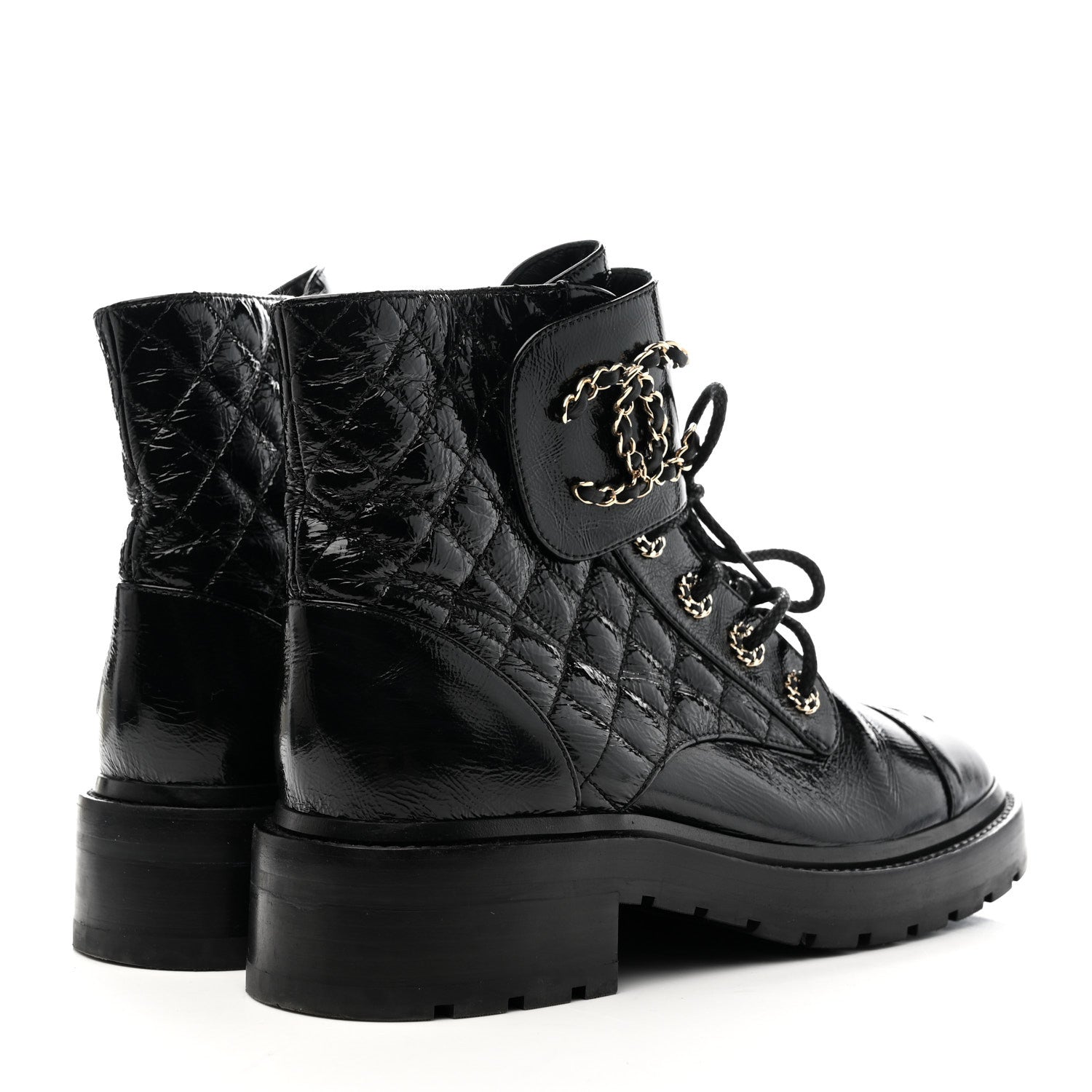Chanel Shiny Lambskin Quilted Lace Up Combat Boots 38.5 Black
