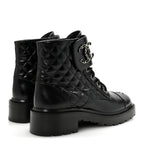 Chanel Shiny Lambskin Quilted Lace Up Combat Boots 39 Black