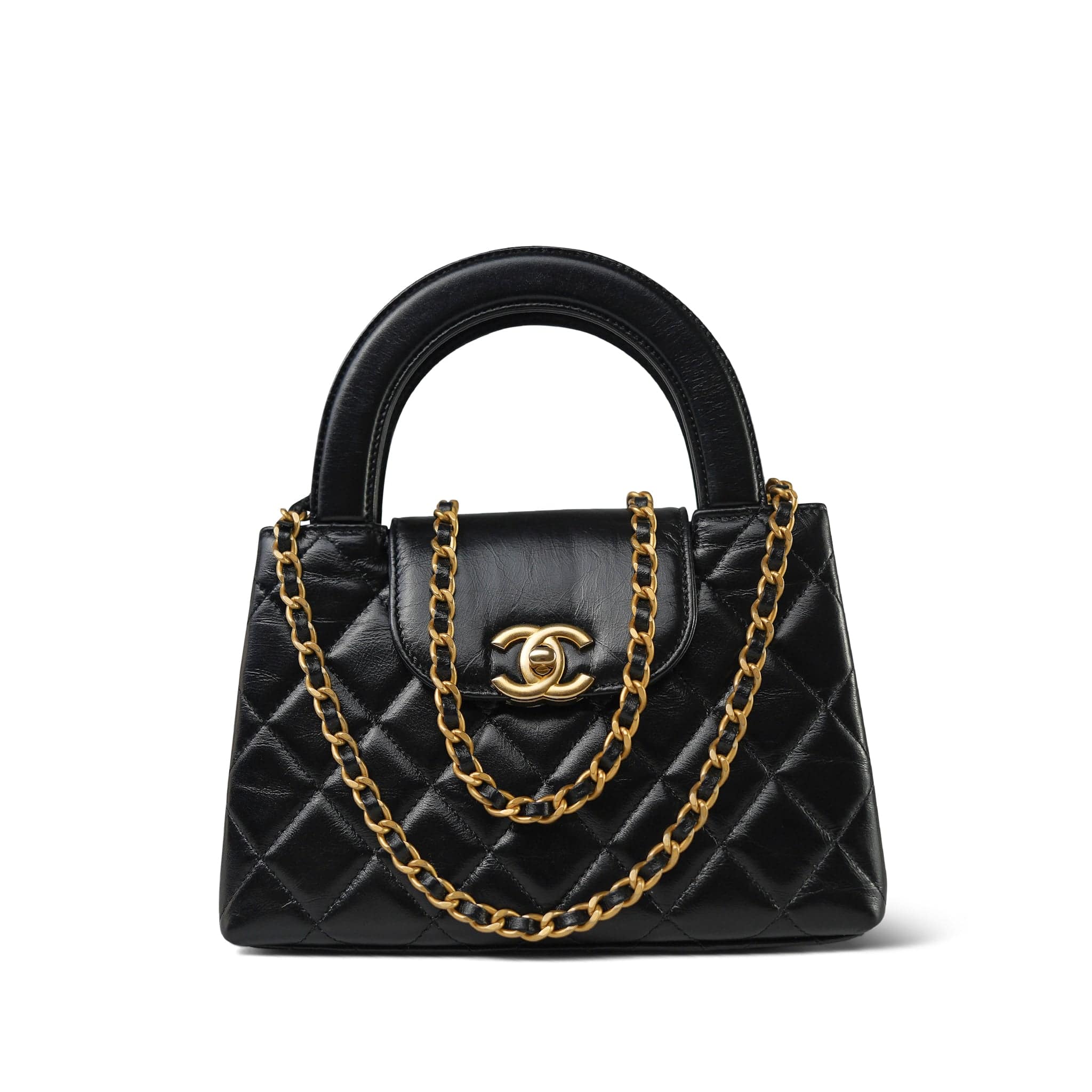 Chanel 23K Black Shiny Aged Calfskin Quilted Nano Kelly Shopper Aged Gold Hardware