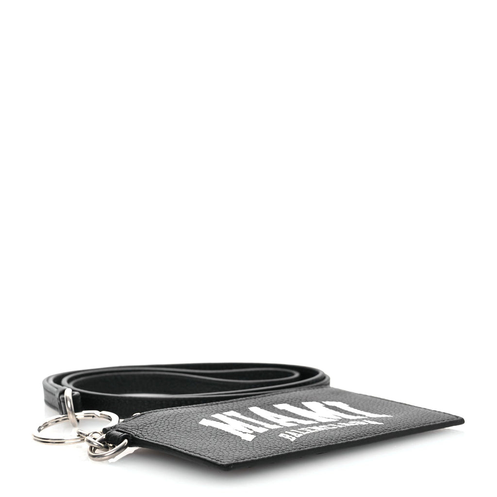 Balenciaga Grained Calfskin Miami Logo Cash Coin Card Holder On Keychain Black