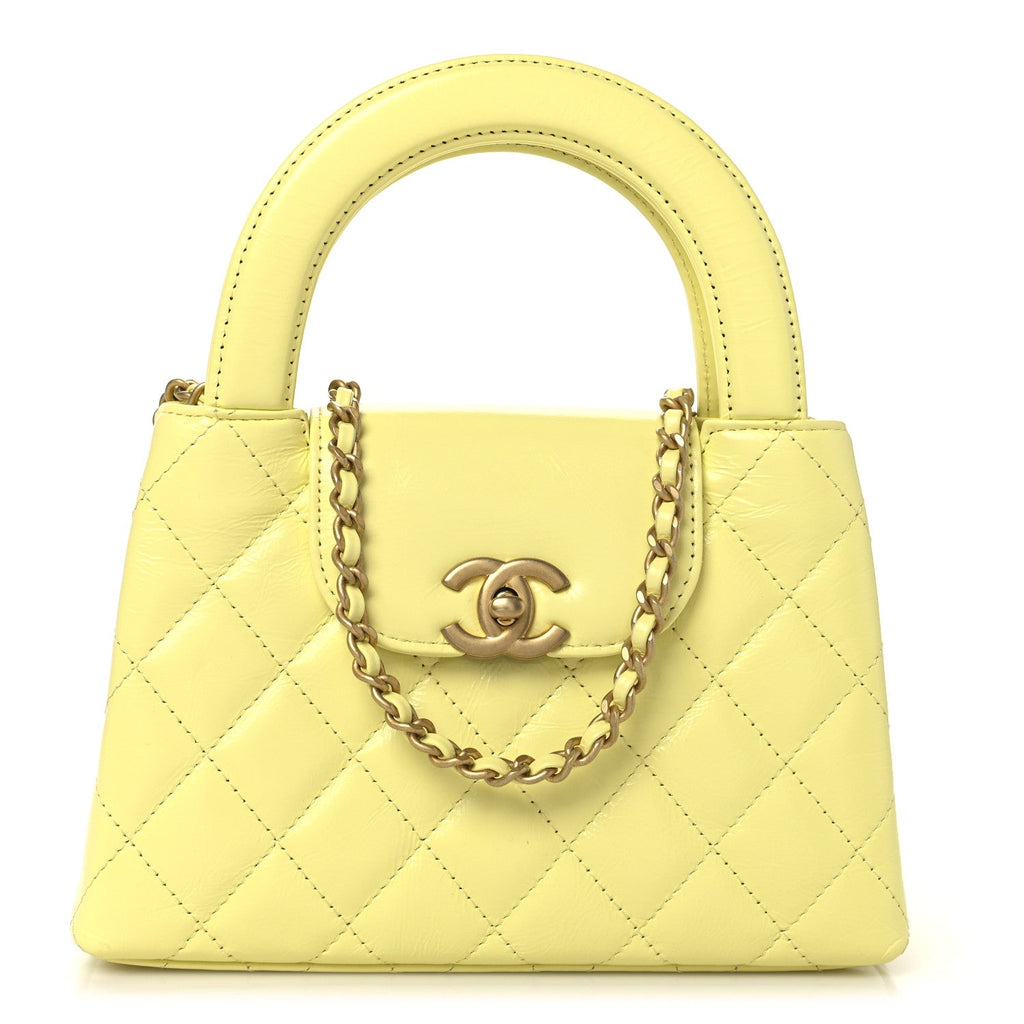 Chanel Shiny Aged Calfskin Quilted Nano Kelly Shopper Light Yellow