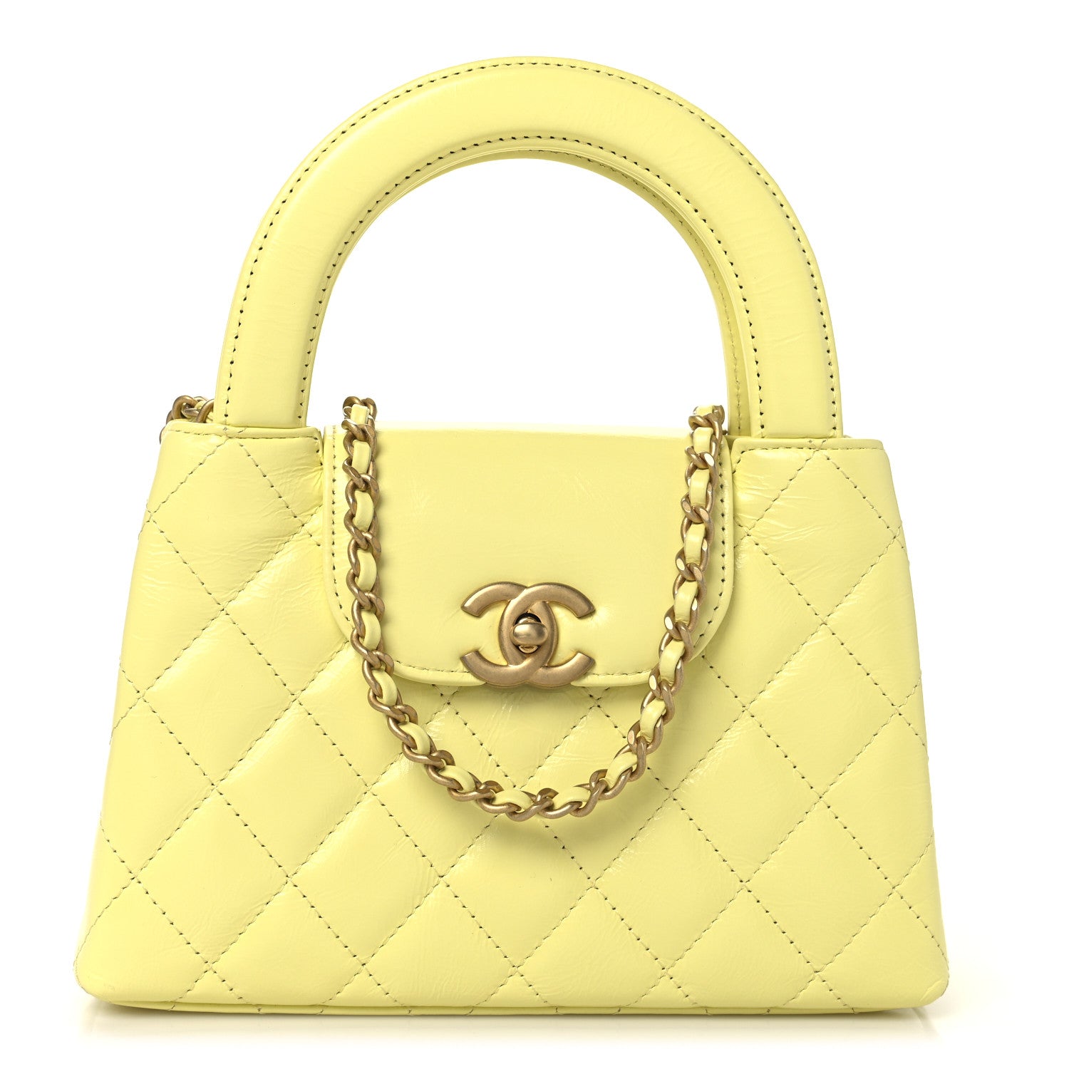 Chanel Shiny Aged Calfskin Quilted Nano Kelly Shopper Light Yellow