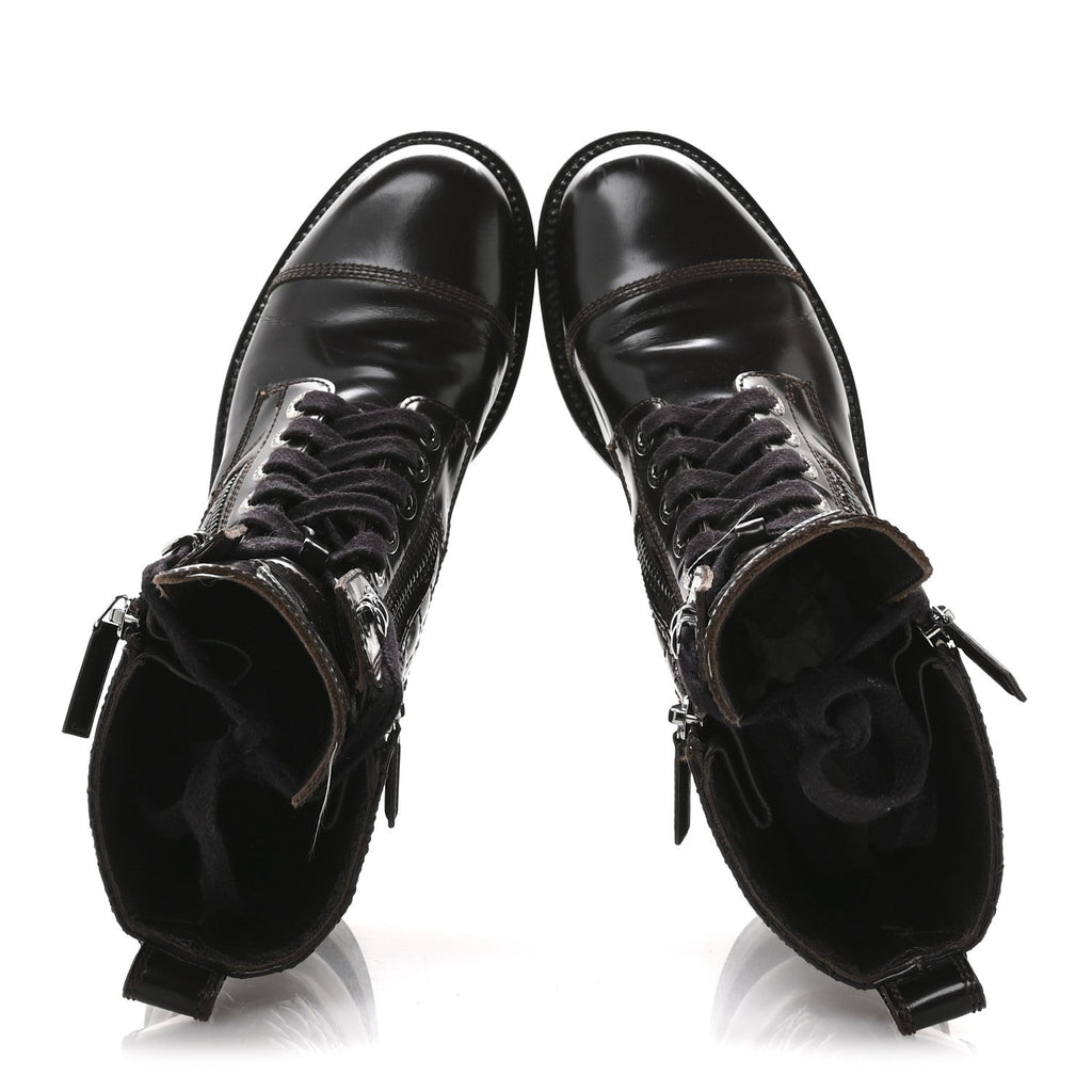 Chanel Shiny Calfskin Quilted CC Lace Up Combat Boots 37.5 Dark Burgundy