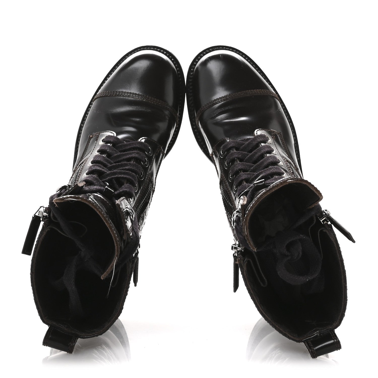 Chanel Shiny Calfskin Quilted CC Lace Up Combat Boots 37.5 Dark Burgundy