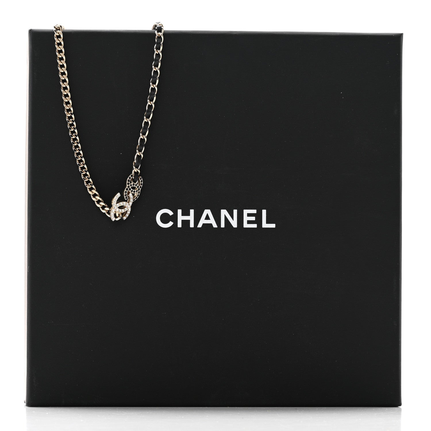 Chanel Metal Calfskin Crystal Double CC Short Necklace Black Gold