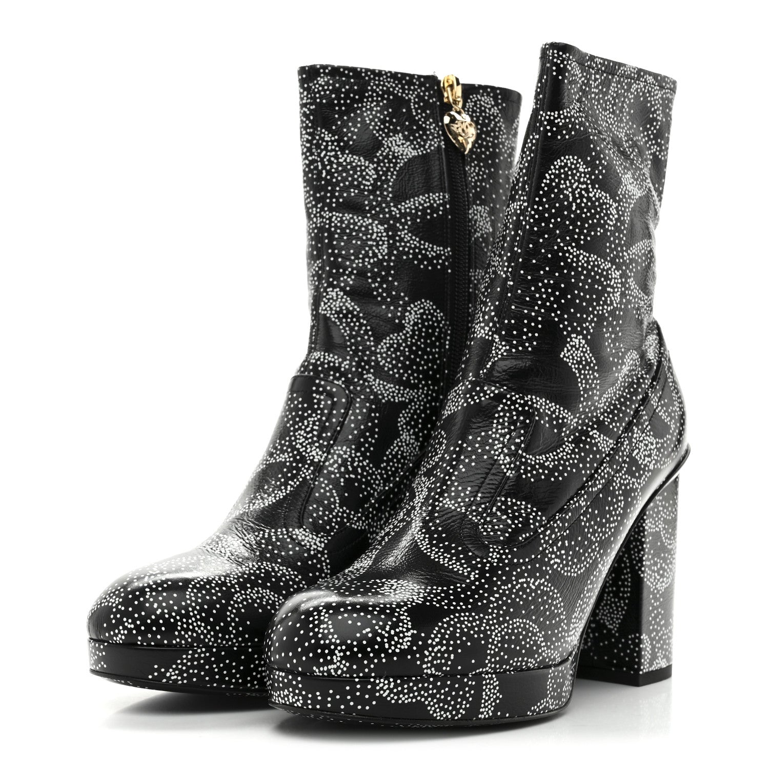 Chanel Calfskin Camellia Printed Ankle Boots 38 Black White