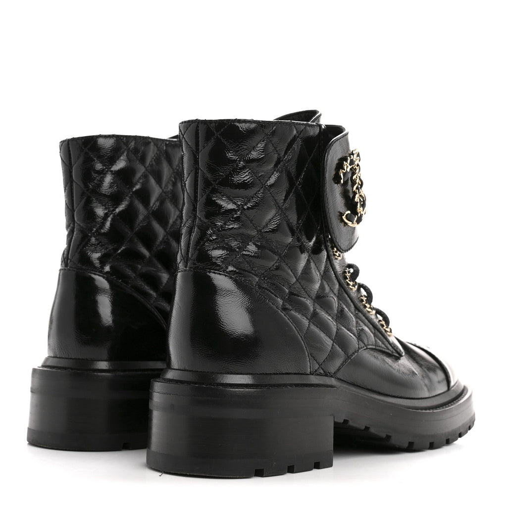 Chanel Shiny Goatskin Calfskin Quilted Lace Up Combat Boots 36.5 Black